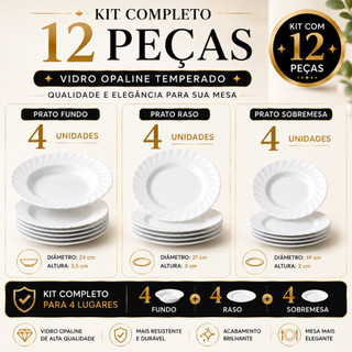 Aparelho de Jantar 12 Peças Vidro Opaline Branco Temperado 04 Rasos 04 Fundos 04 Sobremesas