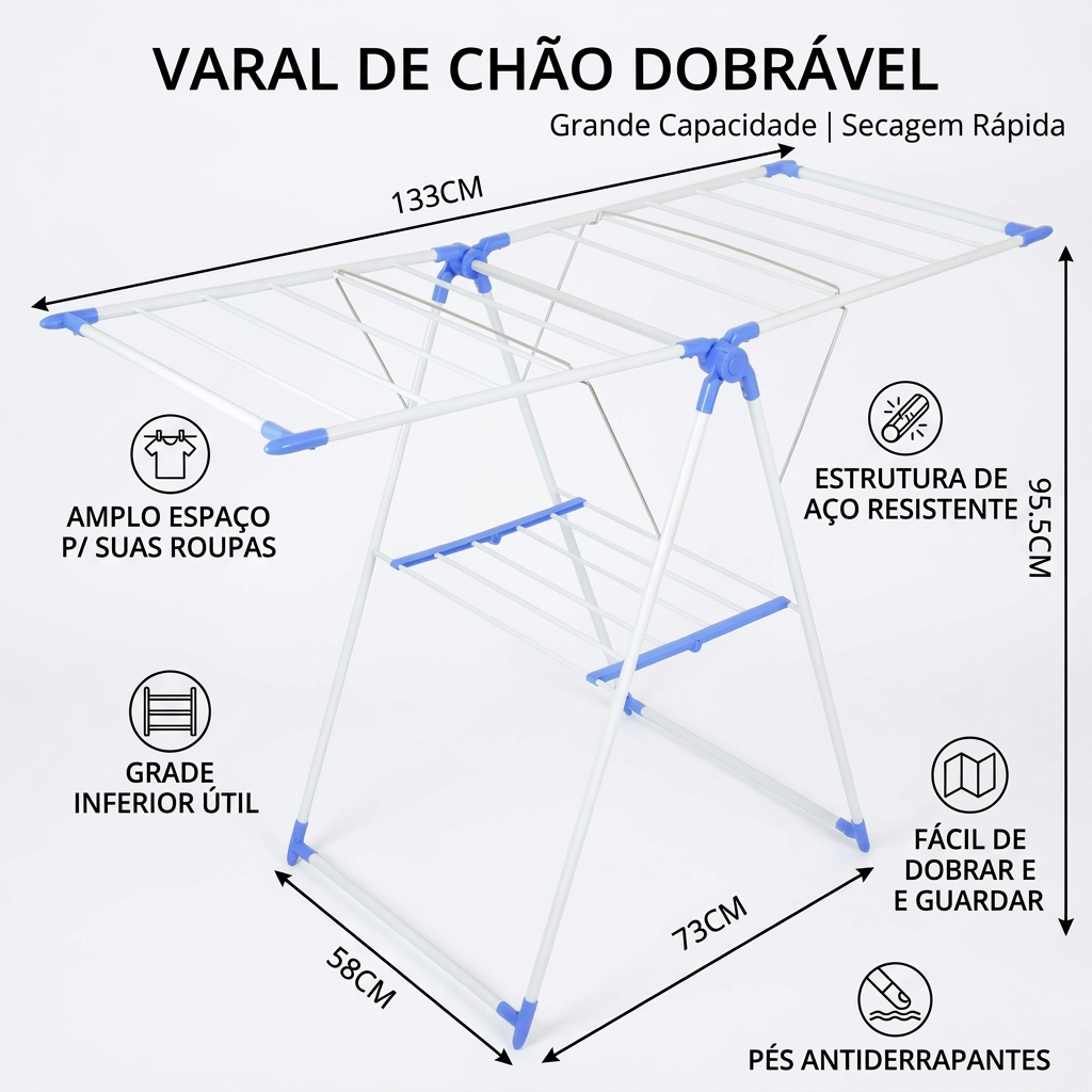 Varal de chão dobrável para roupas - ideal para secar diversos tipos de peças, com grande capacidade.