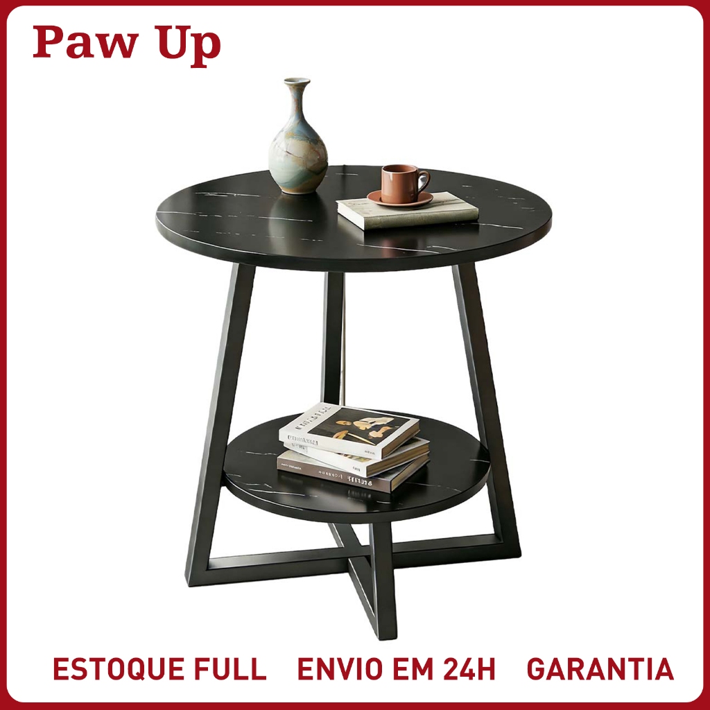 Mesa Lateral Redonda Pequena Mármore 2 Prateleiras Moderna Minimalista para Sala