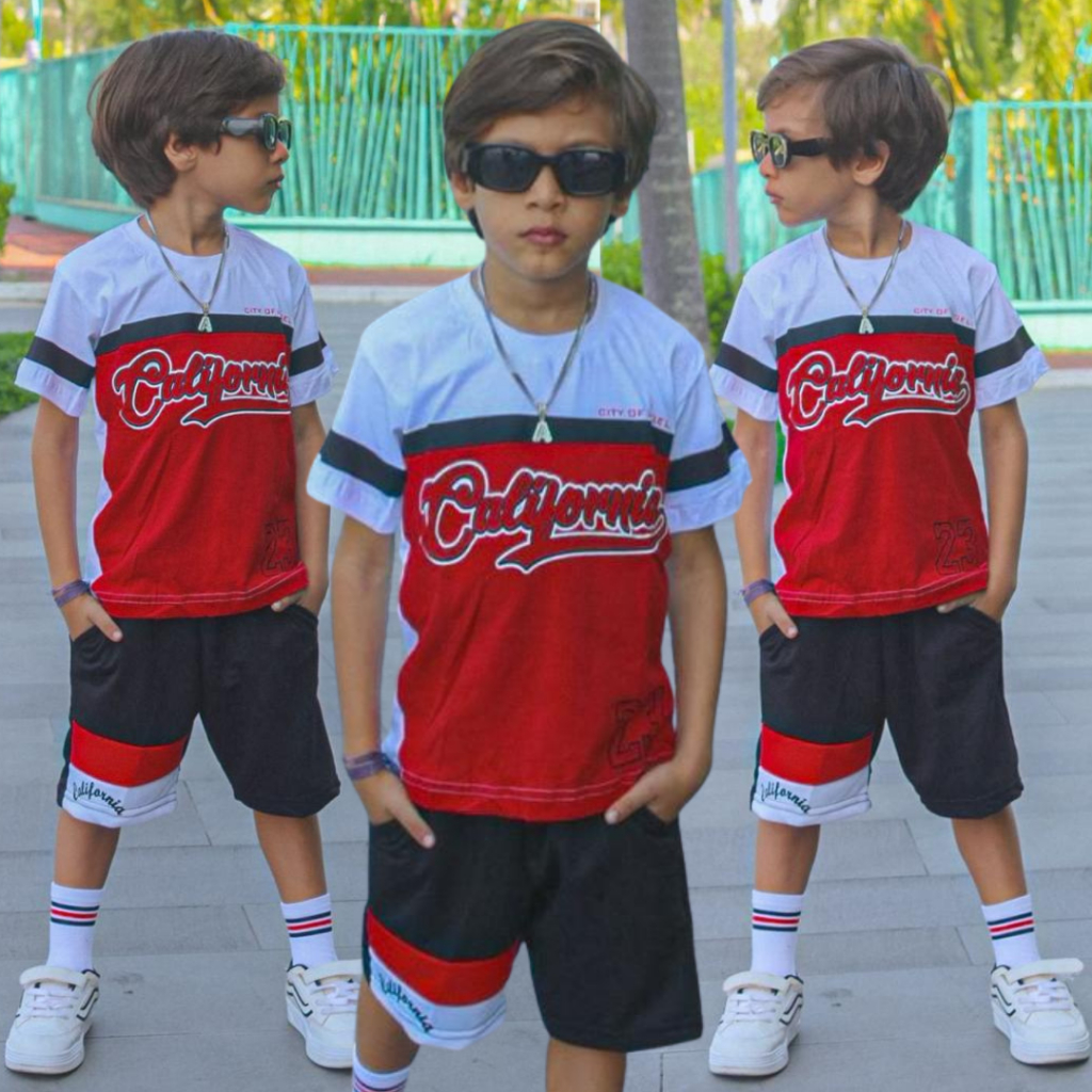 Conjunto Juvenil Vermelho e Branco Estampa Moderna Verão Bermuda Curta Infantil Masculino