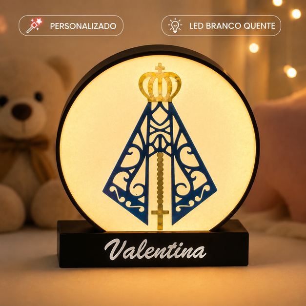 Luminária LED 3D Personalizada Nossa Senhora Aparecida com Nome Luz Noturna Abajur Religioso Presente Católico Decoração