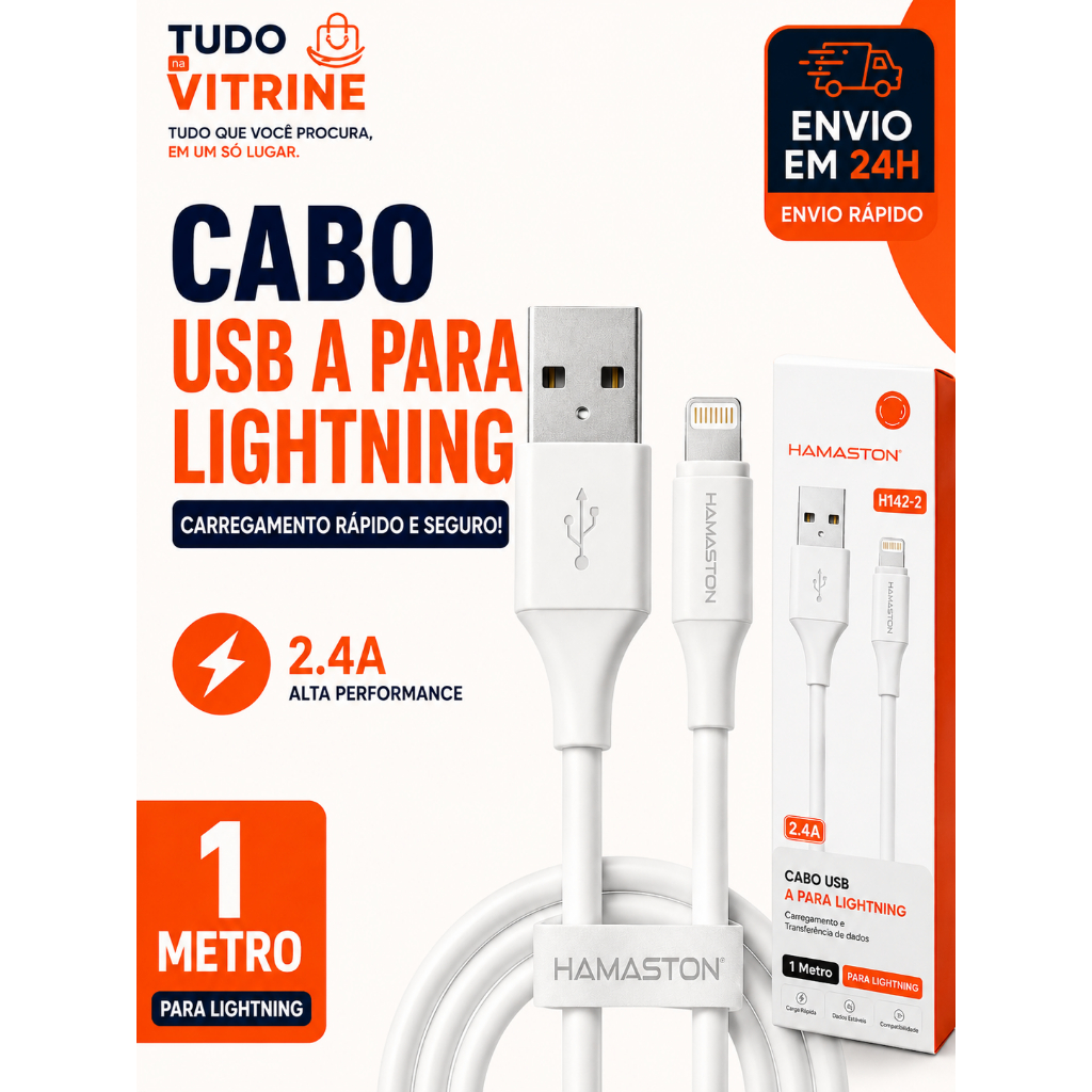 Cabo USB para Lightning 4.8A 1 Metro Carregamento Rápido para iPhone iPad