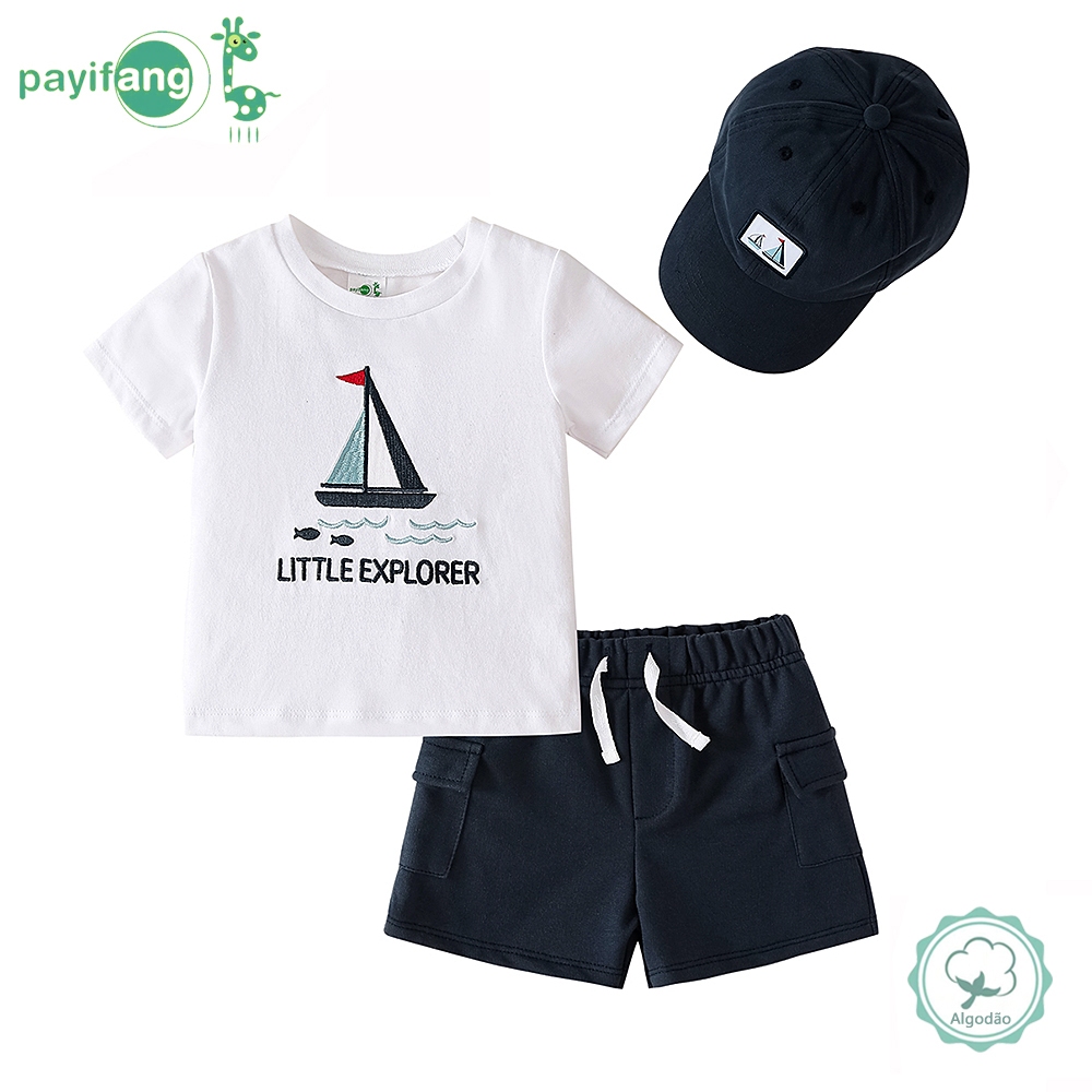 Kit 3 Peças Conjunto Verão Bebê Menino 60% Algodão 40% Poliéster Camiseta Veleiro + Shorts Cargo + Boné TM-3131