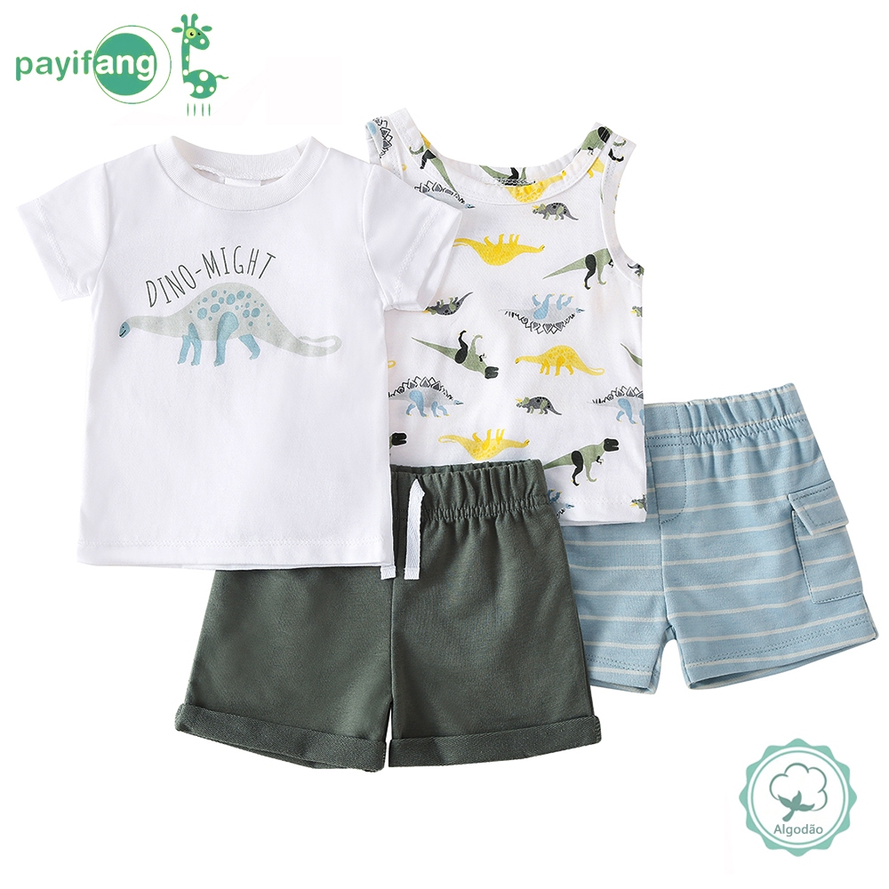 Conjunto Infantil Dinossauro Dino-Might: Camiseta Estampada + Regata com Padrão Completo + Dois Modelos de Shorts!