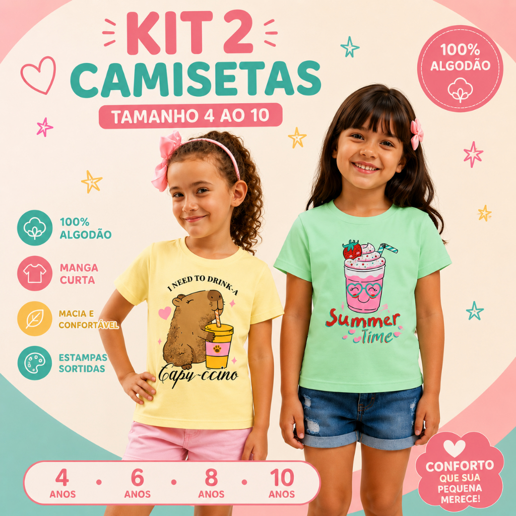 Kit 2 Camisetas Infantis Menina Sortidas 100% Algodão Manga Curta Estampadas Tam. 4 ao 10