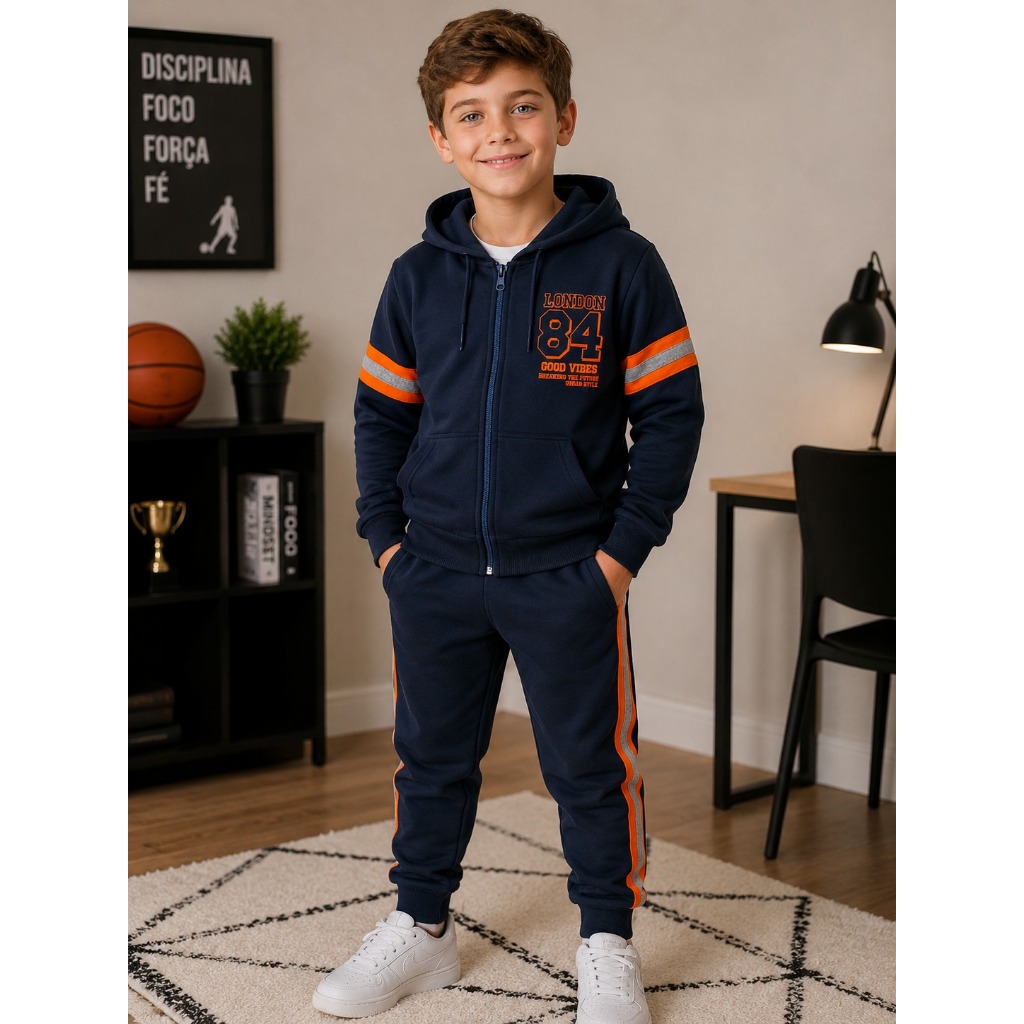 Conjunto de Inverno Infantil Menino London com Zíper e Capuz Moletom Quentinho Casaco e Calça Roupa Infantil Masculina