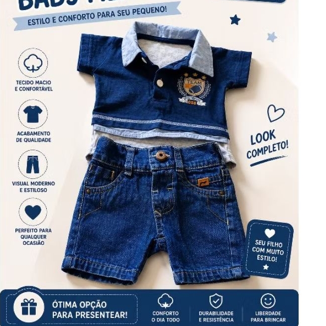 Conjunto Infantil Baby Menino Masculino Body Baby com Bermuda Jeans - TAMANHOS: P e PP