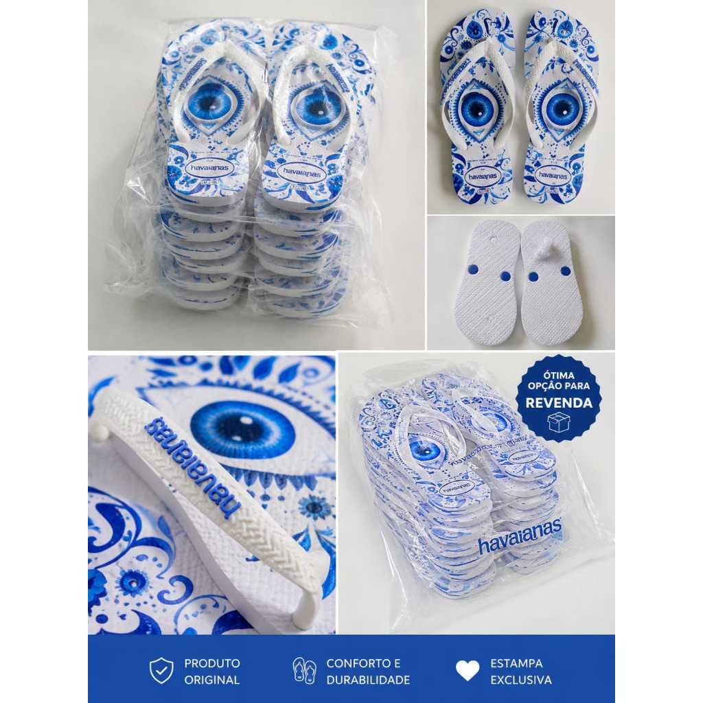 Chinelo Estampado Olho Grego Branco e Azul Confortável Solado Antiderrapante