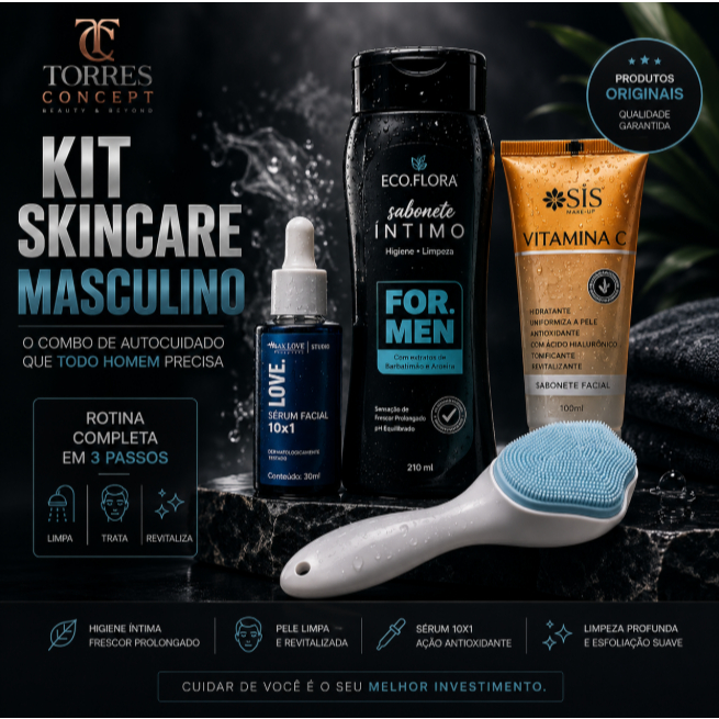 Kit Skincare Masculino Cuidados Homem Sabonete Intimo Vitamina C Serum Max Love Escova Facial