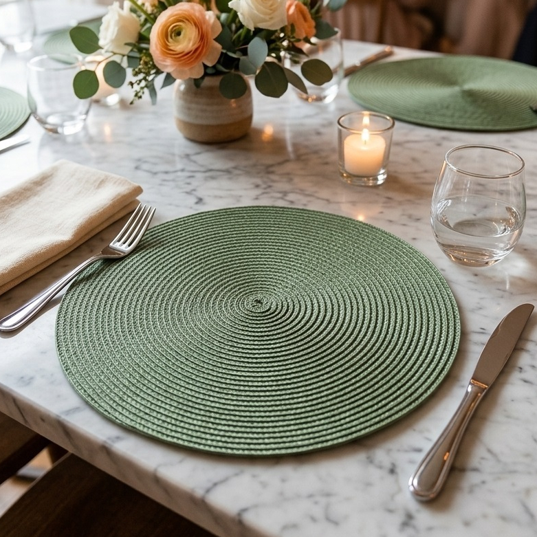Esse descanso de mesa tem 38 cm, anti-calor, kits com 1, 4, 6 ou 8 unidades  pano de prato e decora a cozinha