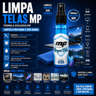 Limpa Telas MP 60ml Notebook TV Celular Óculos Vidro Espelho Carro Limpeza Spray Premium Multiuso MP