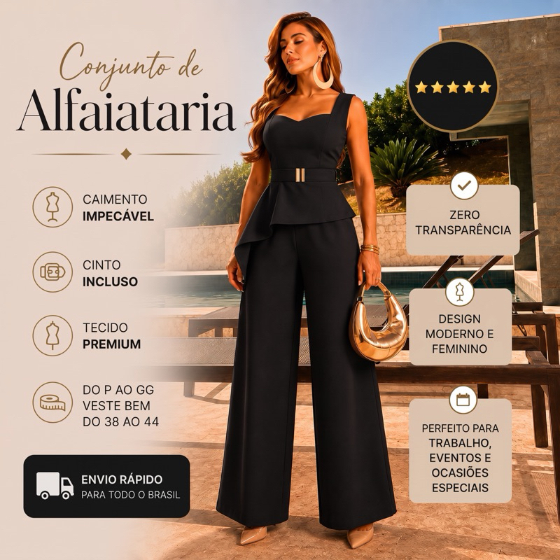 Conjunto Feminino Alfaiataria Elegante Premium Blusa Assimétrica Calça Wide Leg Social Confortável