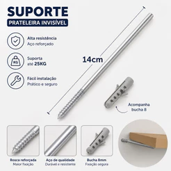 Suporte invisivel Para Prateleira 14cm Kit C/ 20 Un + Bucha 8