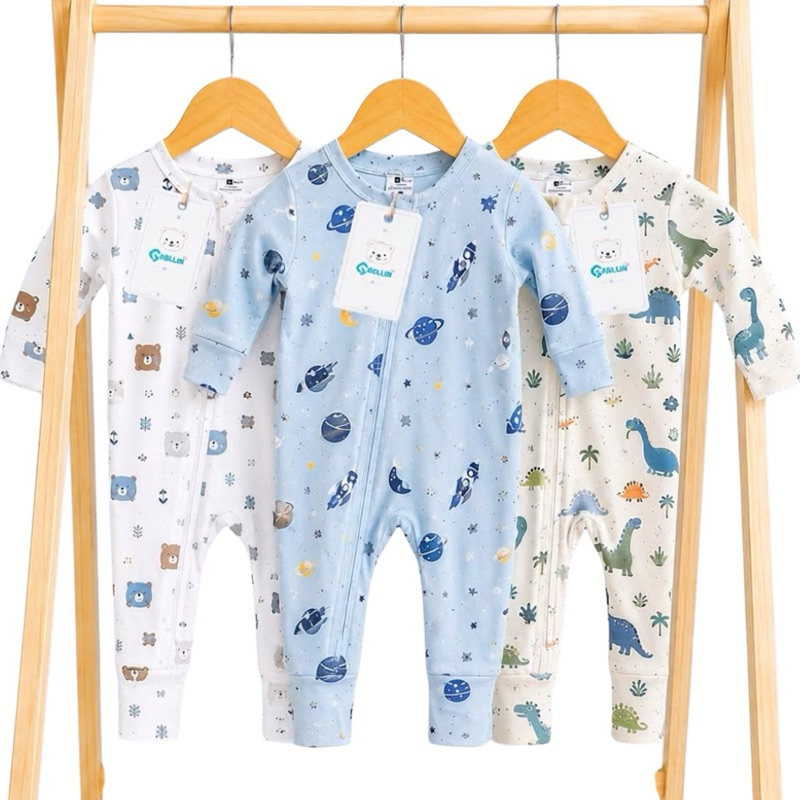 Kit 3 Macacões Bebê Infantil 100% Algodão para Menino Macacão com Zíper Vira Pé