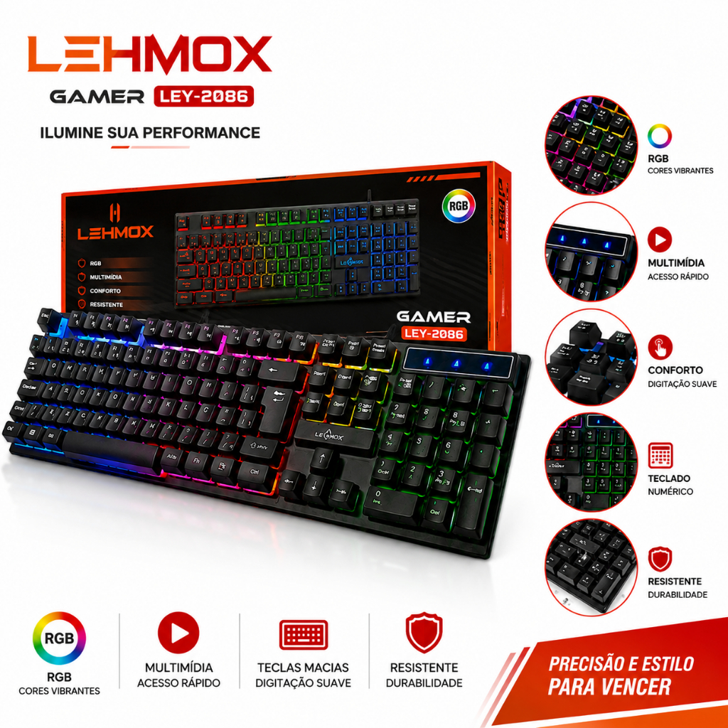 Teclado Gamer com fio USB e Iluminação RGB Original Lehmox