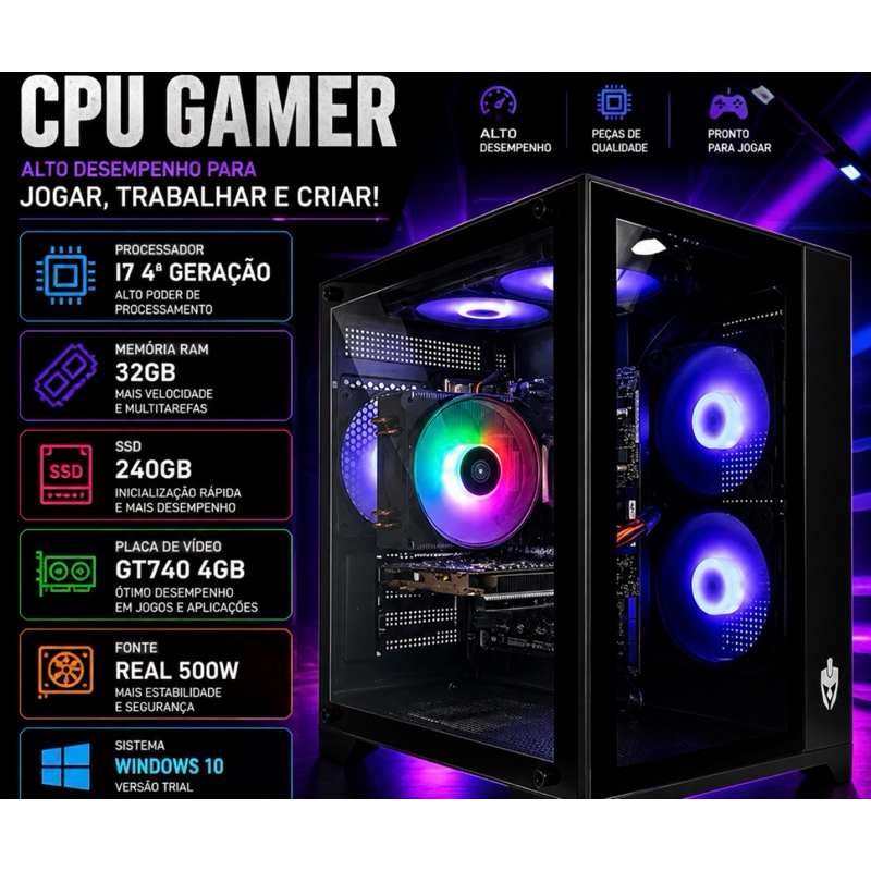 PC Gamer Completo i7 32GB SSD 240GB Rápido RGB Gabinete Alto Desempenho WiFi HDM