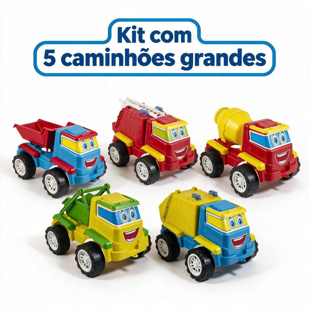 5 Caminhões Grandes De Brinquedo - Bombeiro, Betoneira, Caçamba, Coleta, Caçambão - Cada Carro Com 30CM Super Presente
