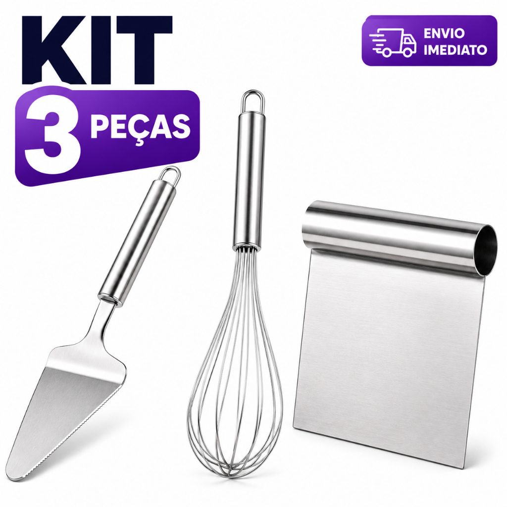 Kit 3 Peças Espátula Tubular Batedor de Ovos e Espátula Para Cortar Bolos Multiuso Aço Inox Premium