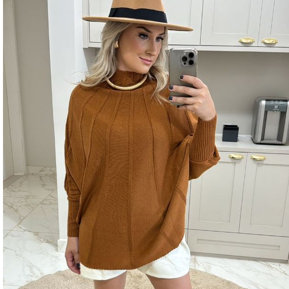 Blusa Feminina Tricot Poncho Leque Trabalhado Manga Morcego Roupa Feminina Elegante