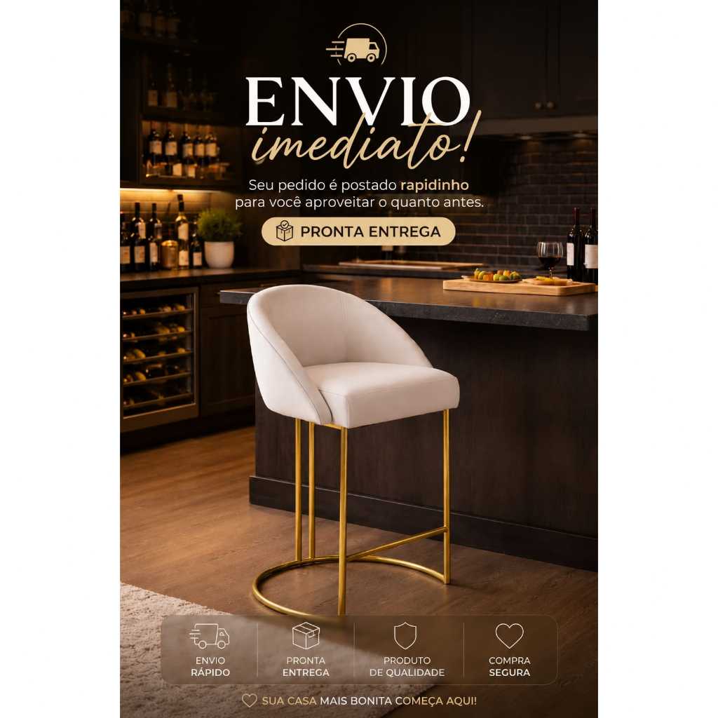 Cadeira Banqueta Alta Lua Base Metálica Dourada Balcão Área Gourmet - Banqueta para Cozinha Americana