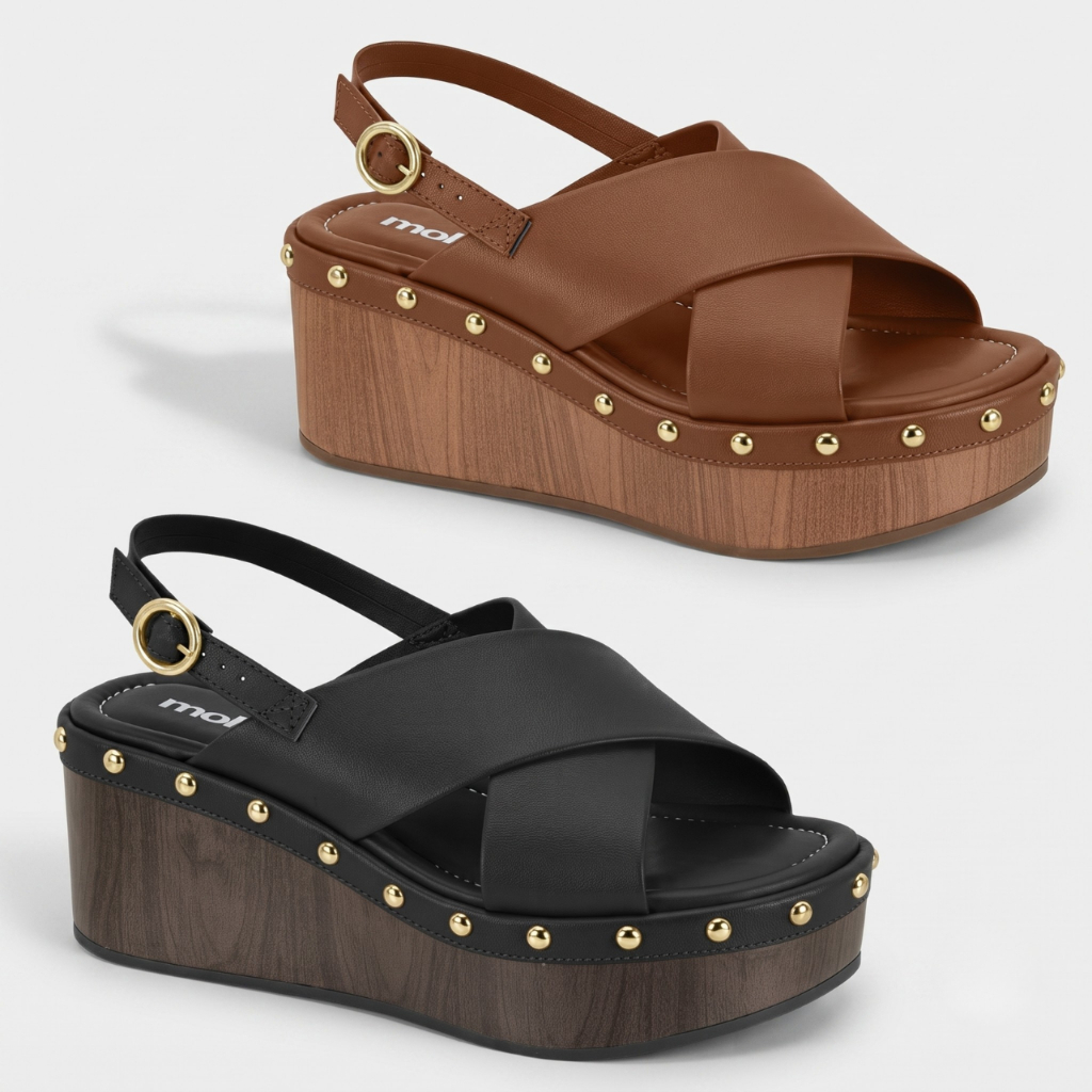Sandália Feminina Moleca Plataforma Amadeirada Tachas Original