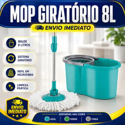Mop desaguador automático giratório 360° Cabo aço Inox Cesto aço Inox com Balde 8 Litros