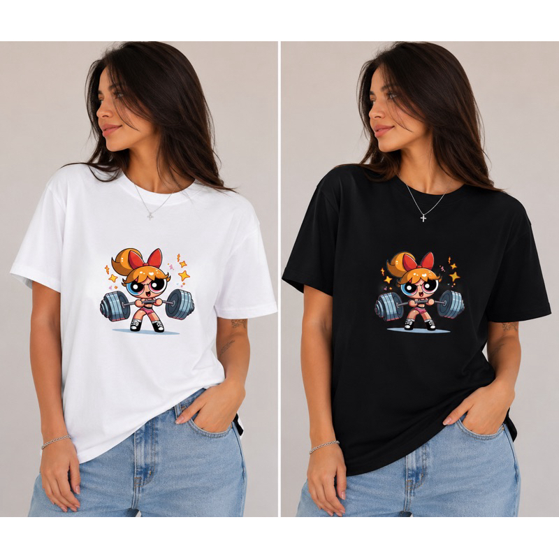 Camiseta florzinha Academia Feminina Estampada Meninas Superpoderosas Treino Fitness Geek Algodão Preta Casual P ao GG