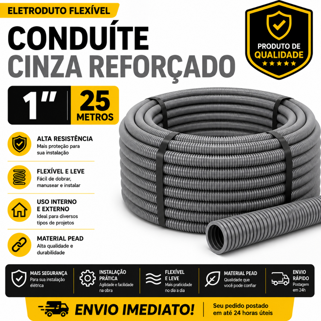 Conduíte Corrugado Cinza Reforçado 1" x 25 Metros | Eletroduto Flexível PEAD