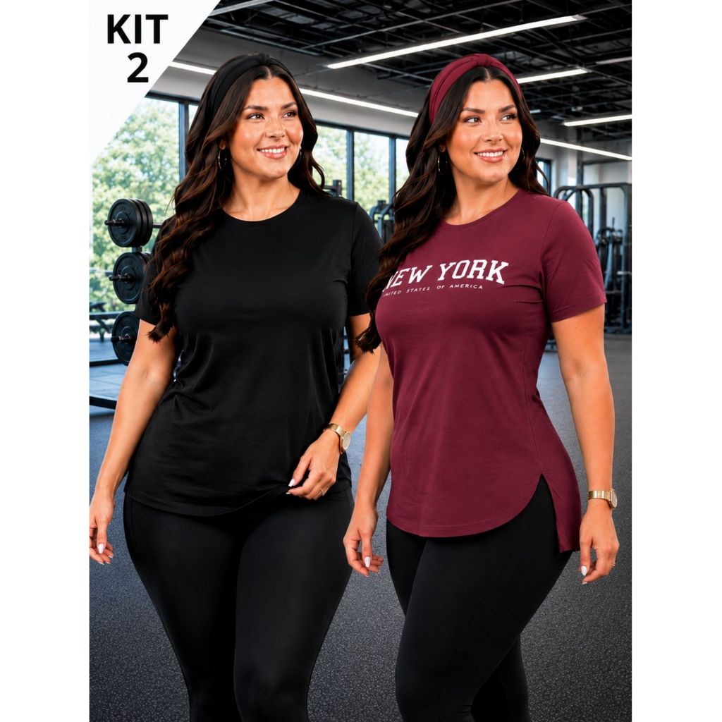 Kit 2 Camiseta Pluz Size G ao G2 Blusa Feminina Estampada Tapa Bumbum longa Ideal Caminhada Academia Pilates Ginastica