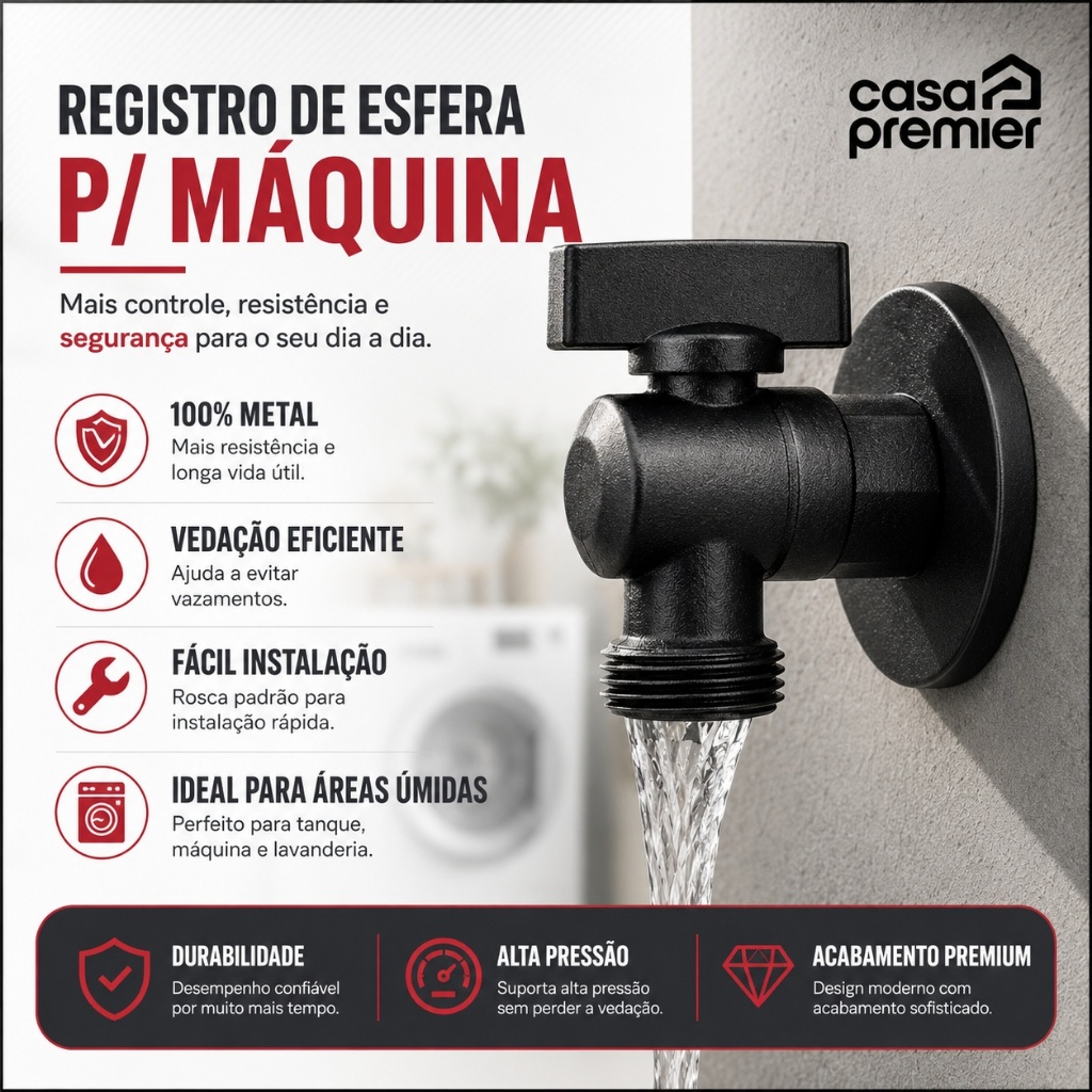 Registro Esfera Multiuso Para Máquina de Lavar e Tanque Metal Preto 1/2 x 3/4