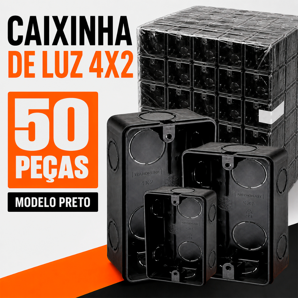 50 Caixa de Luz 4x2 Reforçada P/ Tomada Interruptor Embutir Caixa de Passagem Preto