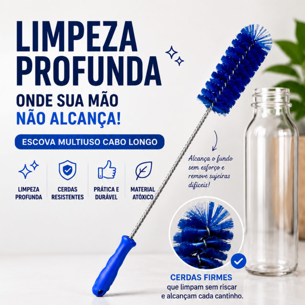 Escova Multiuso Cabo Longo para Limpeza de Garrafas, Maquina de lavar (Pet/Leite/Térmicas/Tubo/Mamadeira)