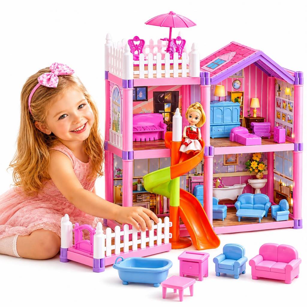 Casinha de Boneca Casa Com 120 Peças Escorregador Brinquedo Menina