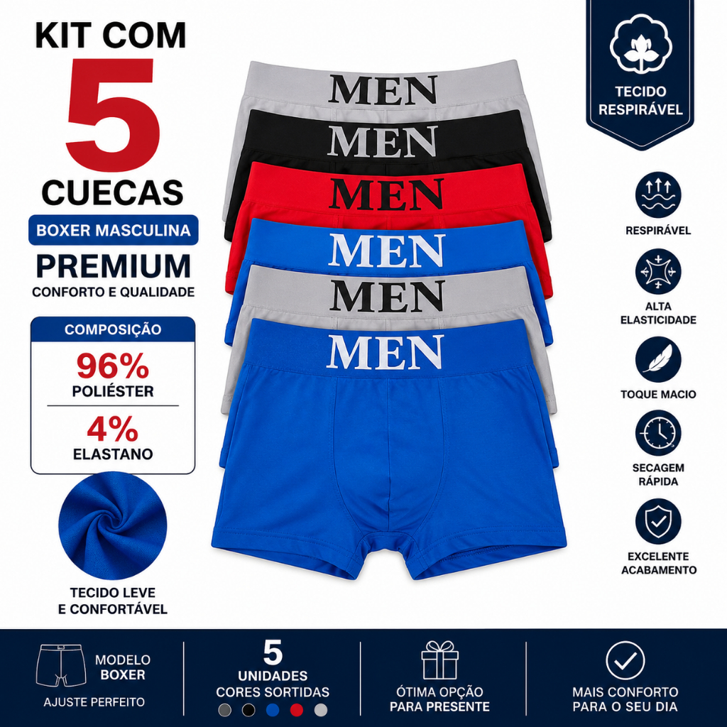 Kit Cueca Boxer Masculina 5 ou 10 Unidades Microfibra Premium Sem Costura Confortável Respirável Adulto
