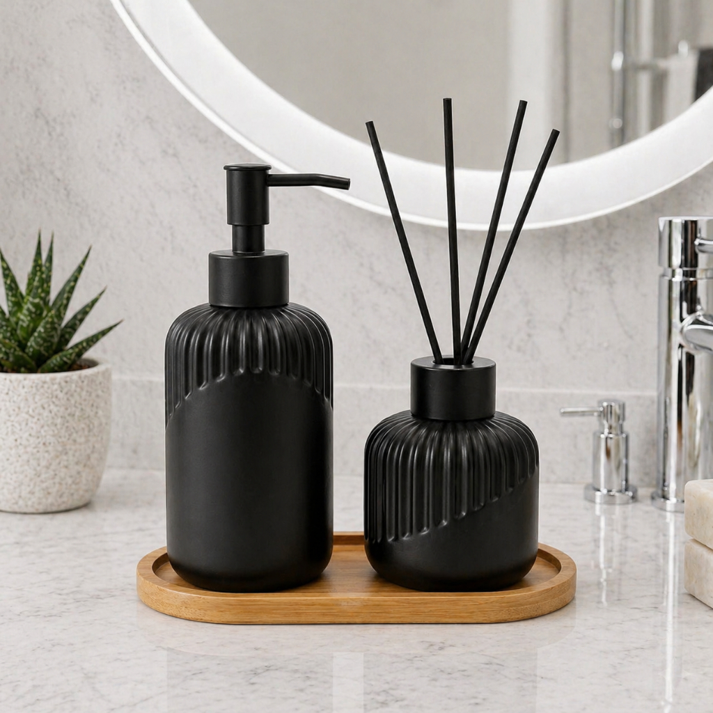 Kit Lavabo Banheiro Dispenser Para Sabonete Líquido Porta Escova Cerâmica Preto Luxo Bambu Natural