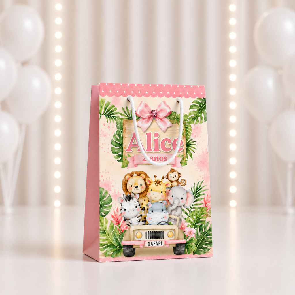 SACOLINHA PERSONALIZADA - SAFARI MENINA ROSA Personalizados /Lembrancinha de Festa /Aniversário - SACOLINHA SURPRESA
