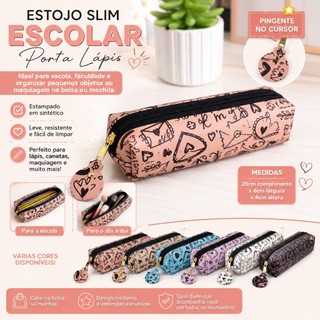 Estojo 1 Divisória Escolar Couro Ecológico Liso Várias Cores Multiuso Universal