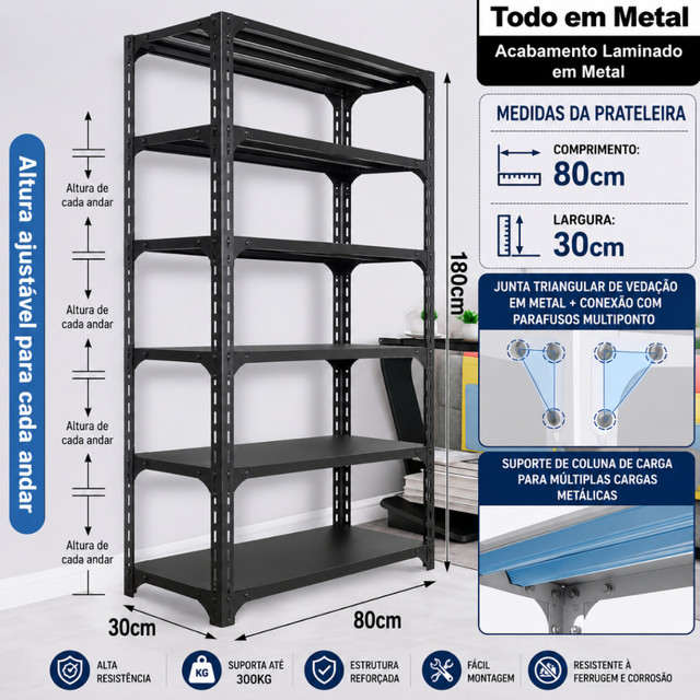 Estante de Ferro Estante Reforçada Aço Reforçado 6 Andares 300kg Reforçado Organizadora para Casa e Garagem