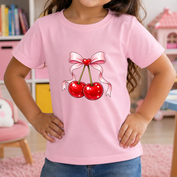 Camiseta Infantil Feminina Estampada Cereja em Algodão Premium