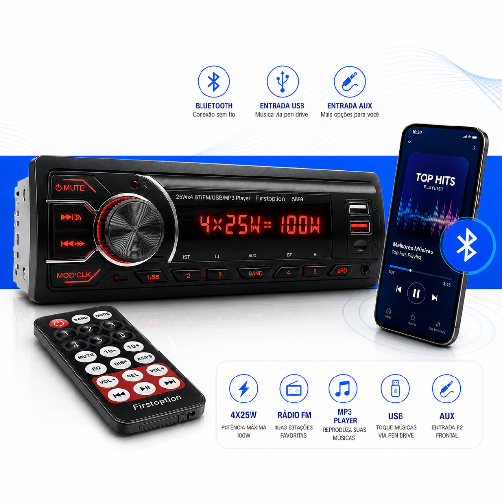 Rádio Automotivo Bluetooth 5.0 USB AUX MP3 FM Pen Drive 1 Din 12V 4x25W First Option