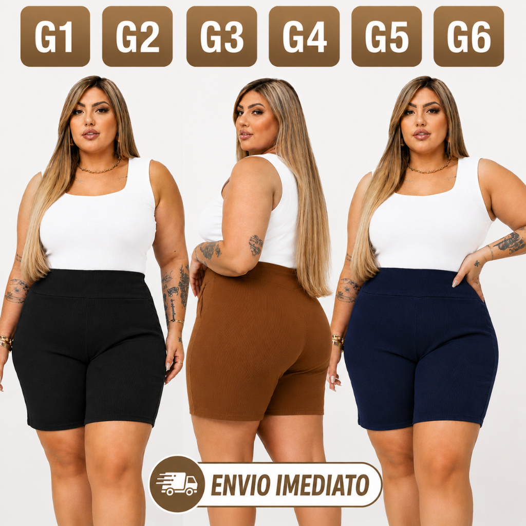 Shorts Feminino Plus Size G1 G2 G3 G4 G5 G6 Cintura Alta Com Bolso Malha Canelada Alta Elasticidade Plus de V