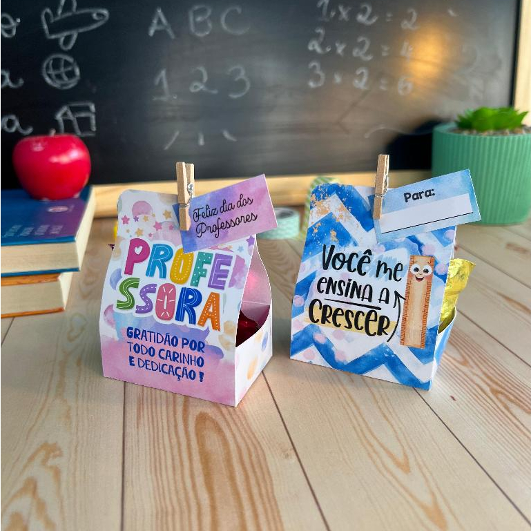 Kit Caixinhas com Mini Prendedor e Tag Dia dos Professores para 1 Bombom - Lembrancinha Personalizada
