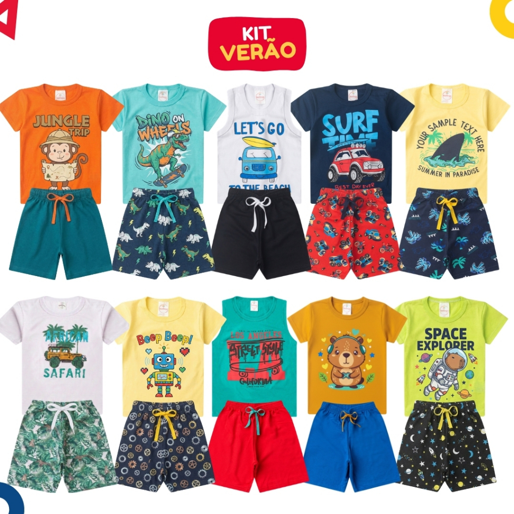 Kit Sortido 8 Peças Roupa Infantil Menino Verão Conjunto Criança Masculino Algodão Premium 4 Camisetas + 4 Bermudas