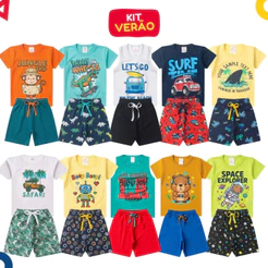 Kit Sortido 8 Peças Roupa Infantil Menino Verão Conjunto Criança Masculino Algodão Premium 4 Camisetas + 4 Bermudas