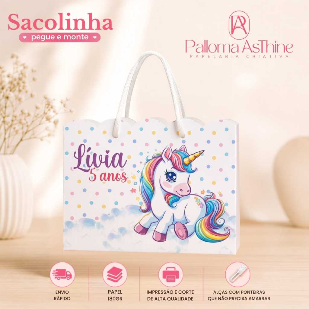 Sacolinha pegue/monte unicornio lembrancinha personalizada aniversário 20x15x7cm