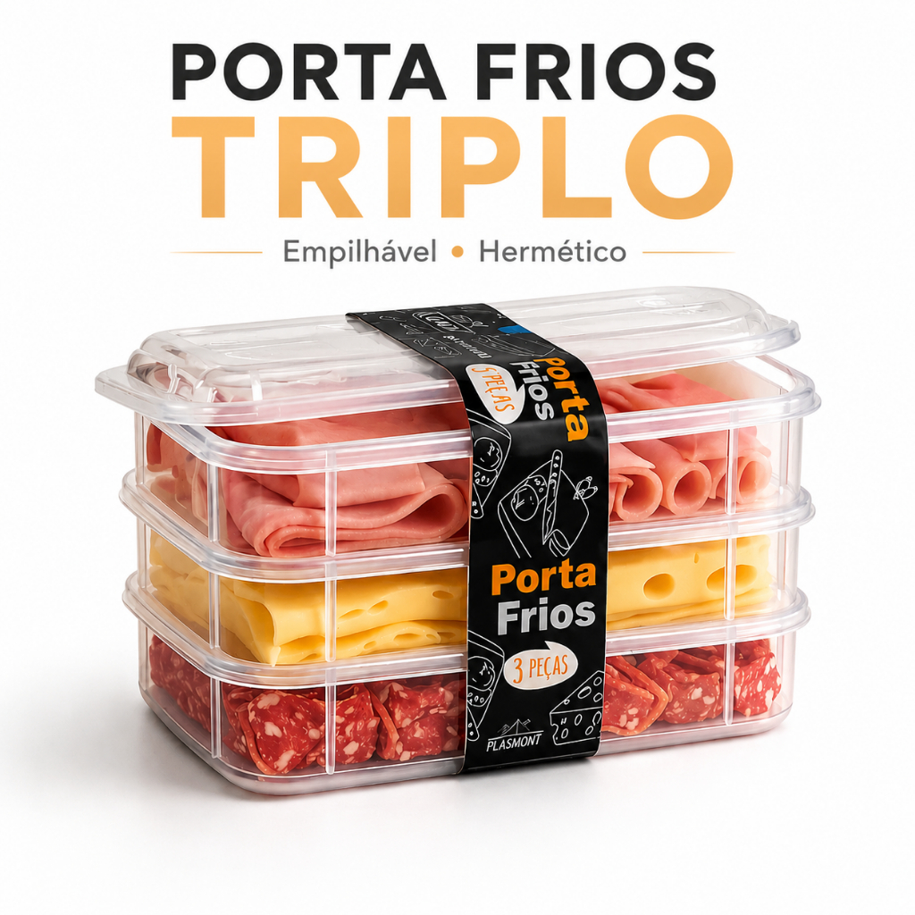 Pote Porta Frios Triplo Hermético Transparente com Tampa Empilhável Organizador de Geladeira BPA Free Presunto Queijo