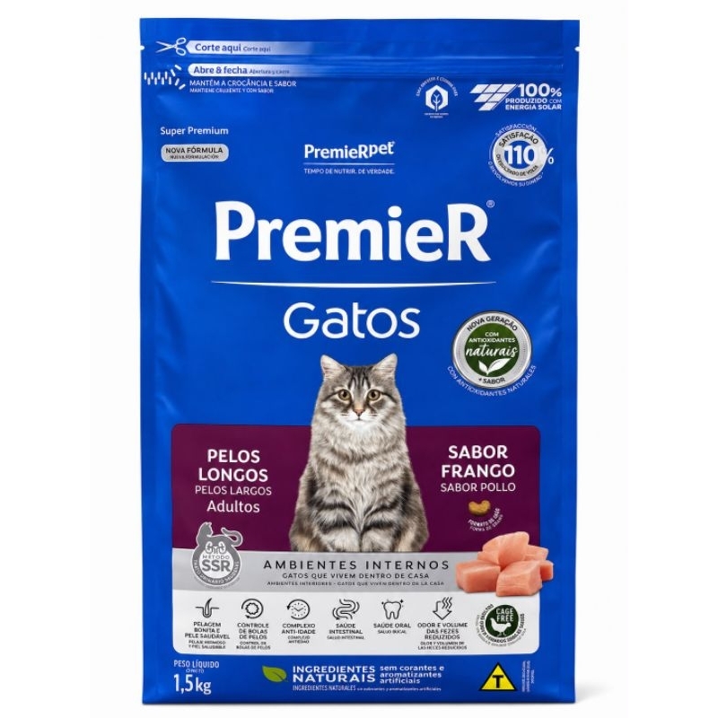Ração Premier Gatos Pelos Longos Adultos – Ambientes Internos – Sabor Frango 1,5kg