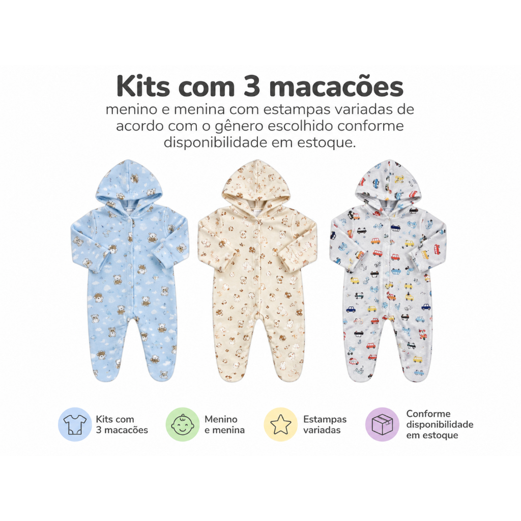 Kit Com 3 Macacões De Bebê Soft Capuz  Quentinho E Macio Estampado Menino Menina