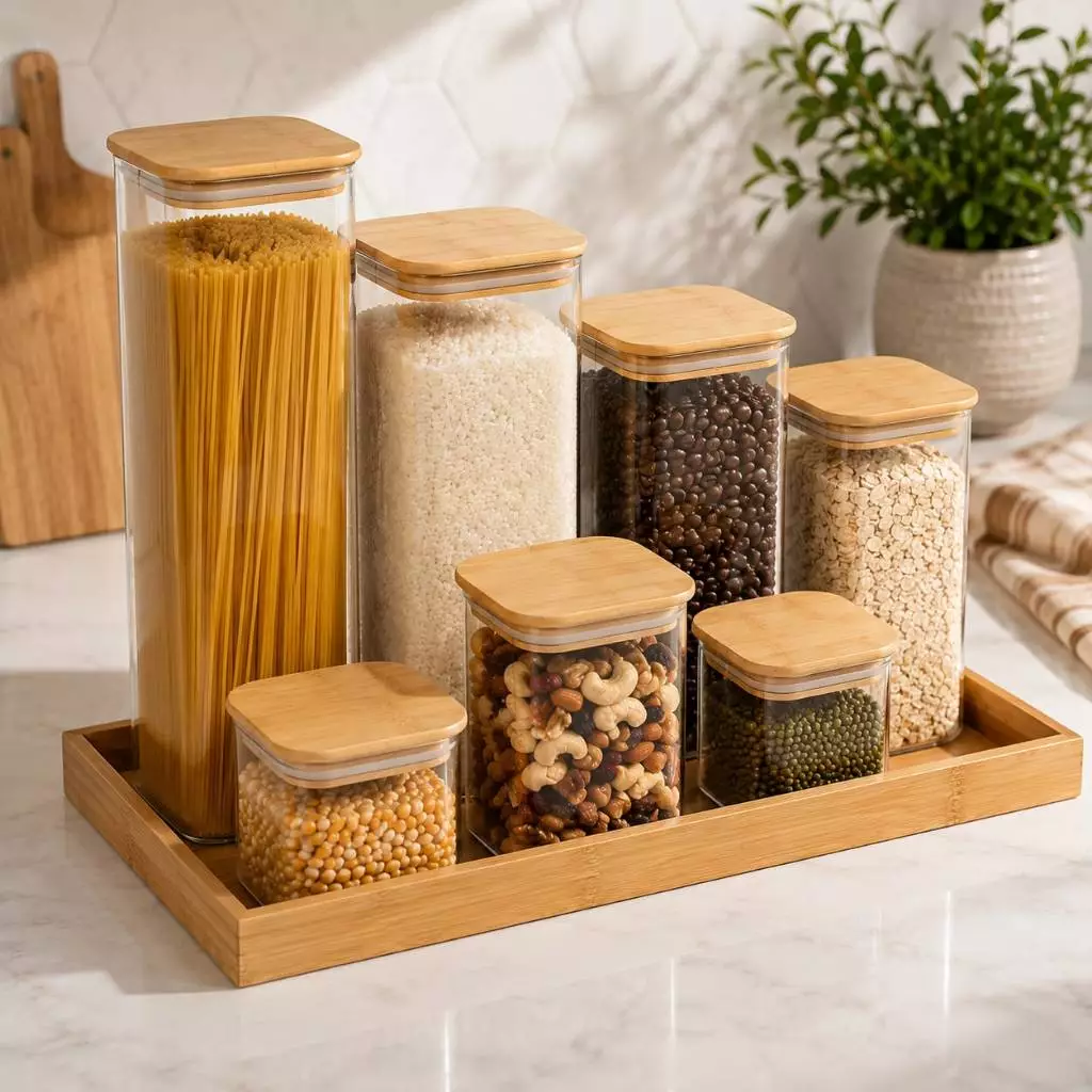 Kit Potes Quadrado  Grande de Vidro com Tampa Bambu Grande Mantimentos — imagem 1