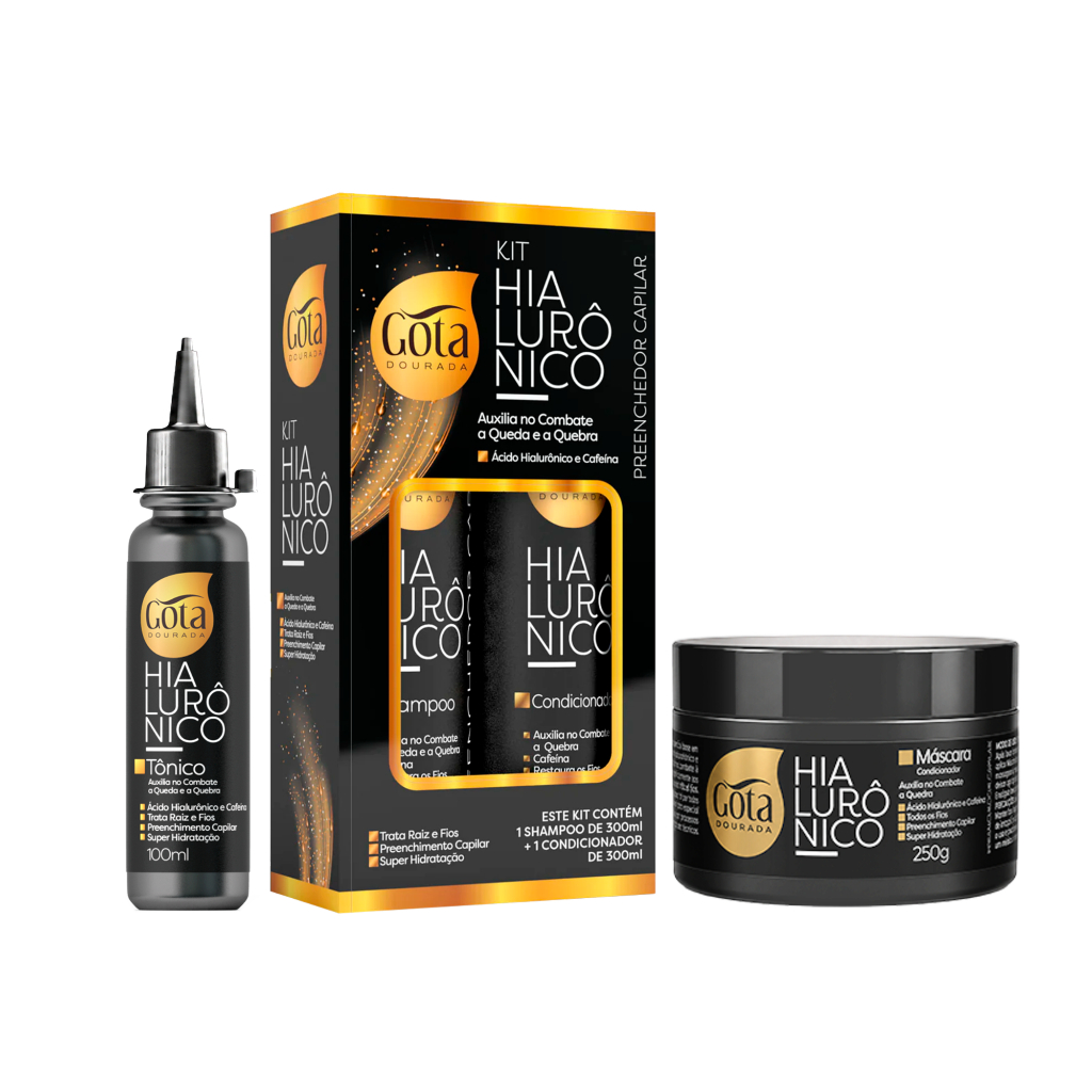Kit Hialurônico Gota Dourada - Shampoo, Condicionador, Máscara e Tônico - Hidratação e Encorpamento dos Fios